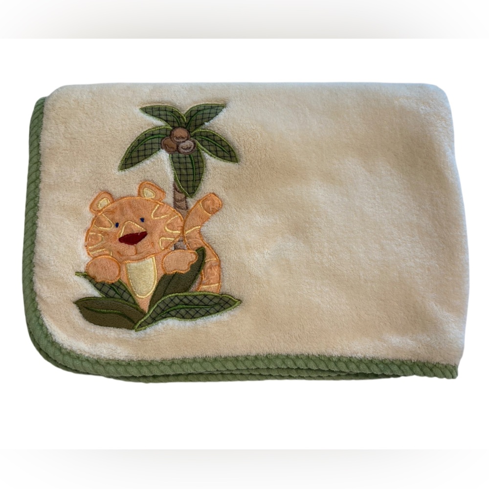 NoJo Plush Baby Blanket Tiger Palm Tree Yellow Green Braided Trim 26” x 38”